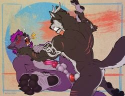 absurd_res ah'khi anal_tugging anthro arm_tattoo ash_(charadan) asphyxiation blush canid canine canis choking duo ear_piercing ear_ring fox fur hair hi_res kihu knotting male male/male male_only mammal nipples pawpads piercing purple_body purple_fur purple_hair rape_face ring_piercing scar tattoo wolf