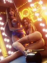 2girls 3d aerith_gainsborough ass black_hair blender_(software) breasts brown_hair final_fantasy final_fantasy_vii high_heels jewelry legs long_hair looking_at_viewer nail_polish pole_dancing poledancer pussy red_eyes ria-neearts tifa_lockhart