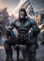 1boy abs ai_generated biceps black_hair broad_shoulders darksiders darksiders_2 death_(darksiders) detailed_background facing_viewer flowing_hair front_view glowing_eyes grey_body grey_skin half_naked humanoid ice long_hair looking_at_viewer male male_only markings mask masked masked_male mountain muscle muscles muscular muscular_male no_humans not_porn orange_eyes outdoors outside pale-skinned_male pale_skin pants pecs pectorals shirtless shirtless_(male) sitting skull_mask snow tagme tagme_(artist) tattoo tattoos