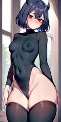 ai_generated black_clover blush bodysuit horns looking_at_viewer navel nipple_bulge polah_u red_eyes secre_swallowtail skin_tight small_breasts tagme