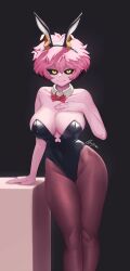 1girls big_breasts black_sclera breasts bunnysuit hand_on_chest leotard looking_at_viewer mina_ashido my_hero_academia pantyhose pink_hair pink_skin smile sourbooze thick_thighs wide_hips