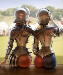 2023 2d 2d_(artwork) 2girls armor ass ass_focus big_ass blonde_hair breastplate brown_hair chainmail couter cuirass faulds female female_focus female_knight female_only from_behind_angle hosen jousting knight light-skinned_female light_skin medieval medieval_armour medieval_clothing pauldrons plate_armor ponytail rerebrace sallet sitting striped_legwear unaware vambraces wassnonnam