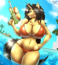 1girls amber_eyes belly belly_button big_ass big_breasts big_butt big_thighs bikini black_hair equine female female_only furry hand_on_hip looking_at_viewer palm_tree pool smirk solo tacticalfur unicorn water water_gun wet wet_body yellow_fur