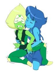 2d blue-skinned_female blue_skin clothed clothed_sex fingering green-skinned_female green_skin hand_on_breast lapis_lazuli_(steven_universe) peridot_(steven_universe) sideboob steven_universe thrumbo