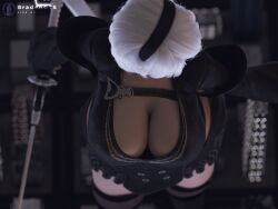 1girls 3d big_breasts bird's-eye_view bradengts breasts city cleavage clothing female female_only giantess hairband huge_breasts light-skinned_female light_skin macro nier nier:_automata nier_reincarnation short_hair solo solo_female standing sword thighhighs white_hair yorha_2b