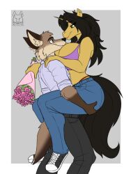 1boy 1girls amber_eyes belly big_ass big_breasts big_butt black_hair bouquet brown_fur canid canine clothed color colored colored_sketch couple couple_love coyote duo equine female flower flowers furry hand_on_ass hand_on_butt hand_on_shoulder holding_another looking_at_partner male romantic romantic_couple tacticalfur tan_eyes tan_fur unicorn yellow_fur