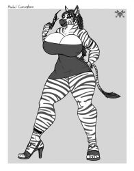 1girls anklet big_ass big_breasts big_butt big_thighs bracelet braided_hair clothed dress equine female female_only furry hand_on_hip high_heels looking_at_viewer monochrome piercing piercings smile smiling solo stripes sunglasses tacticalfur visible_nipples zebra