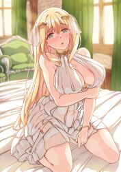 aibanwork big_breasts blonde_hair blush bracelet cleavage clothed elf elf_ears elf_female elf_girl light-skinned_female long_hair neckwear