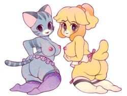 2023 2girls animal_crossing ass big_breasts black_eyes blush bokkymen5747706 breasts canine cat_ears cat_tail cute dog_ears dog_tail eyelashes feline female female_only furry furry_only grey_body isabelle_(animal_crossing) lolly_(animal_crossing) looking_at_viewer nintendo nipples skirt stockings striped_body tail wholesome yellow_body yellow_hair