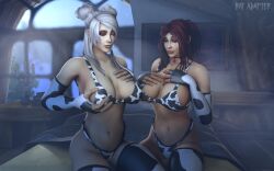 2girls 3d big_breasts bikini blizzard_entertainment cow_bikini cow_print human human_(world_of_warcraft) light-skinned_female light_skin original_character ratadapter red_hair thighhighs warcraft white_hair world_of_warcraft zoey_(dypnsfw)