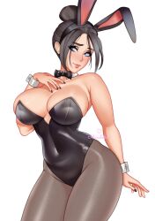 1girls apex_legends big_breasts black_hair blushing breasts bunny_ears bunnysuit clothed curvaceous curvy female female_only hair_bun hips looking_at_viewer msmelodine smiling smiling_at_viewer solo thick_ass thick_thighs tied_hair wide_hips wraith_(apex_legends)