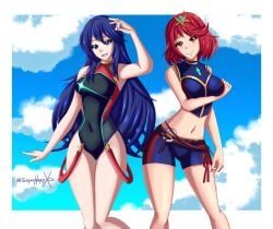 alternate_costume bikini blue_bikini blue_swimsuit breasts core_crystal costume_switch crossover female female_only fire_emblem fire_emblem_awakening fire_emblem_cipher looking_at_viewer lucina_(fire_emblem) nintendo pyra_(xenoblade) pyra_(xenoblade)_(cosplay) sonicheroxd swimsuit xenoblade_(series) xenoblade_chronicles_2