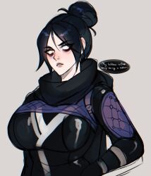 1girls alternate_breast_size apex_legends big_breasts black_hair breast_expansion breast_squeeze breasts eyebrows_visible_through_hair female fit nsfwolf scarf simple_background skin_tight tight_clothing wraith_(apex_legends)