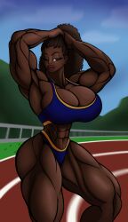 afro_puffs big_biceps big_breasts big_lips big_muscles bimbo bimbo_lips brown_eyes brown_hair curly_hair dark-skinned_female dark_skin huge_breasts large_breasts muscular muscular_arms muscular_female muscular_legs muscular_thighs plump_lips ponytail pulling_hair seductive_eyes seductive_look seductive_smile sports_bra sportswear thick_lips thick_thighs tomkat96 track_and_field track_uniform