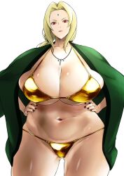 1girls alternate_version_available bbw big_breasts bikini bikini_bottom bikini_top blonde_hair breasts cleavage female female_only forehead_jewel gold_bikini hair hands_on_hips huge_breasts kyugata large_breasts mature mature_female mature_woman milf nail_polish nails naruto naruto_(series) necklace neckwear red_eyes solo solo_female swimwear thick_thighs thighs tsunade