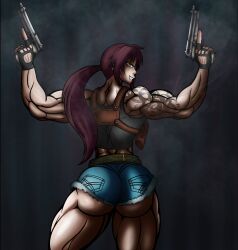 amber_eyes big_ass big_biceps big_butt big_muscles black_lagoon evil_grin gun gun_holster gun_smoke guns large_ass large_butt muscular_arms muscular_back muscular_female muscular_thighs purple_hair revy seductive_smile simple_background tomkat96