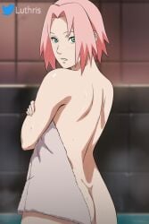 1girls artist_name ass bare_ass bare_back bare_legs bathing bathroom big_ass blush completely_nude completely_nude_female covering covering_self embarrassed female female_only from_behind holding_object logo long_hair looking_at_viewer looking_back luthris naked_towel naruto naruto_(series) naruto_shippuden nude nude_female pink_hair rear_view sakura_haruno shoulder_length_hair standing steam thick_thighs towel towel_only twitter_username water wet wet_skin