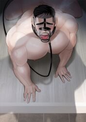 1boy absol_(dkqthf) animal_collar ball_gag bara black_hair blush collar completely_nude gag gagged highres implied_yaoi kneeling large_pectorals leash male_focus male_only muscular muscular_male nipples no_visible_genitalia nude original pectorals shadow short_hair sidecut solo_focus