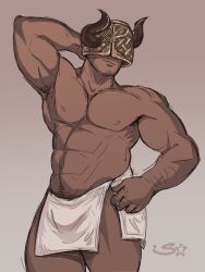 1boy bakura_(granblue_fantasy) bara granblue_fantasy loincloth male_only muscular_male one_arm_behind_head one_arm_up smooth_skinned_male solo_male