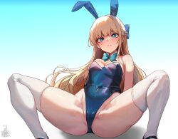 arms_behind_back blonde_hair blue_archive blue_eyes bowtie bunny_ears bunny_girl bunnysuit expressionless heels leaning_back leotard long_hair looking_at_viewer presenting_pussy spread_legs thighhighs tight_clothing toki_(blue_archive) toki_(bunny)_(blue_archive) unstableboiler white_thong