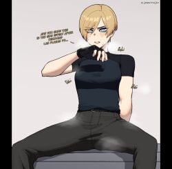 1girls 2d ? blonde_hair blush breath capcom drugged english_text female female_focus female_only fingerless_gloves fit_female genderbend genderswap genderswap_(mtf) gloves heavy_breathing k3nnyn3v leon_scott_kennedy muscles muscular muscular_female resident_evil resident_evil_4 resident_evil_4_remake rule_63 short_hair speech spread_legs steam sweat sweatdrop sweating tomboy unaware very_short_hair