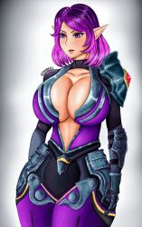 anime_style armor assassin big_breasts breasts digital_drawing_(artwork) digital_media_(artwork) fantasy female hi_res legs paladins purple_eyes purple_hair skye_(paladins) thick thick_ass thick_thighs video_games