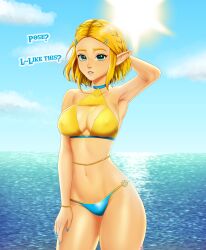 arm_up armpits arms_behind_head beach belly bikini blonde_hair blue_eyes blue_nails blush braid braided_hair cleavage clothed clouds female gold_(metal) gold_jewelry green_eyes hairclip human humanoid hylian hylian_ears looking_at_viewer melkcoffee nail_polish navel nintendo nipple_outline ocean princess_zelda short_hair sideboob sidelocks stomach swimsuit swimwear tan tan_skin tanline tears_of_the_kingdom text the_legend_of_zelda thighs triforce triforce_bikini water zelda_(tears_of_the_kingdom)