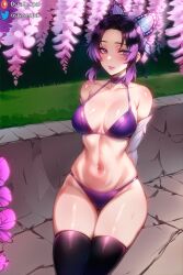 1girls ai_generated bikini black_hair breasts demon_slayer female female_only in_pool in_water kimetsu_no_yaiba kochou_shinobu looking_at_viewer medium_breasts medium_hair multicolored_hair osyasenpai outdoors partially_submerged purple_eyes purple_hair solo solo_female stable_diffusion swimsuit thighs