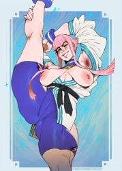 1girls areolae arm_above_head armpit_hair armpits blush breasts breasts_out capcom eyes_mostly_closed female female_armpit_hair female_only flexible hairy_armpits hi_res holding_leg long_hair looking_at_viewer manon_legrand nipples pink_hair redpandawaifu smiling smiling_at_viewer solo sparkles splits standing_split street_fighter street_fighter_6 teeth_showing thick_thighs