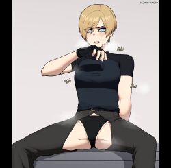 1girls 2d blonde_hair blush breath capcom crotch_cutout crotchless crotchless_bottomwear crotchless_clothing crotchless_pants drugged female female_focus female_only fingerless_gloves fit_female genderbend genderswap genderswap_(mtf) gloves heavy_breathing k3nnyn3v leon_scott_kennedy muscles muscular muscular_female panties resident_evil resident_evil_4 resident_evil_4_remake rule_63 short_hair spread_legs steam sweat sweatdrop sweating tomboy unaware very_short_hair