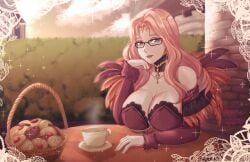 1girls bare_shoulders basket bespectacled black_choker breasts choker circlet cleavage commentary_request cookie cornelia_arnim cup dress feathers female female female_only fire_emblem fire_emblem:_three_houses food glasses highres huge_breasts key long_hair long_sleeves looking_at_viewer nintendo off-shoulder_dress off_shoulder outdoors pink_hair red_dress rinku_bny solo sparkle teacup upper_body