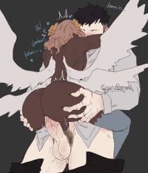 2boys anal anal_sex angel angel_wings ass ass_grab balls big_ass big_penis black_hair blonde_hair carrying_partner dark-skinned_femboy dark-skinned_male dark_skin dialogue duo english_text erection femboy gay gay_sex grey_background gyarusatan heart hi_res human human_penetrating interspecies kauko_(gyarusatan) legwear light-skinned_male light_skin male male_on_male moaning nude pants_down partially_clothed penetration penis pubic_hair raziel_(gyarusatan) sex shaved_side simple_background stand_and_carry_position standing wings