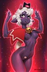 2023 anthro bovid breasts caprine casual clothing cult_of_the_lamb dark_skin digital_media_(artwork) eyebrows female fingers genitals hair headwear hi_res horn lamb_(cult_of_the_lamb) mammal navel nipples open_mouth outerwear pussy red_crown_(cult_of_the_lamb) sheep w4g4 wool_(fur)