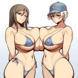 2girls bikini breast_press breasts breasts_pressed_together coffeelove68 covered_nipples girls_und_panzer hat large_breasts mika_(girls_und_panzer) symmetrical_docking youko_(girls_und_panzer)