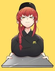 1girls big_breasts boob_burger breast_press breasts breasts_focus buggy_tofu chainsaw_man clothing fast_food fast_food_uniform female female_only funny huge_breasts makima_(chainsaw_man) mappa mcdonald's meme red_hair serving_tray your_order_is_ready_(meme)