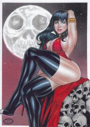 1girls 2023 black_hair curvaceous curvy_body dynamite_comics ed_benes_studio female female_only hi_res high_heels long_hair rudimar_patrocinio solo vampirella voluptuous_female