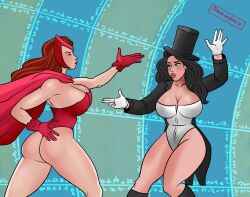 2girls ass big_ass big_breasts big_butt black_hair blue_eyes breasts brown_hair cape cleavage clothing crossover dc dc_comics eyeliner female female_only fighting gloves hat headwear huge_breasts large_ass large_breasts leotard long_hair magician marvel marvel_comics mavruda multiple_girls red_gloves red_hair red_leotard scarlet_witch tagme thick_thighs thighs top_hat wanda_maximoff white_gloves zatanna zatanna_zatara