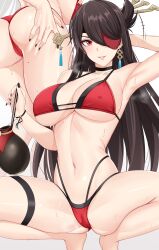 1girls ass ass_shot beidou_(genshin_impact) big_ass big_breasts bikini bikini_bottom bikini_top black_nail_polish black_nails breasts brown_hair cleavage ear_piercing earrings eyewear female female_only genshin_impact hair hair_ornament hand_on_ass huge_ass huge_breasts lips long_hair mature mature_female mature_woman mole mole_on_thigh nail_polish nails noise_paper one_eye_covered red_bikini red_eyes solo solo_female sweat sweatdrop swimwear thispapernoise