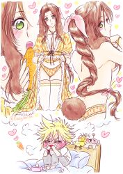 1boy 1girls aerith_gainsborough blush bunny_ears bunny_girl bunny_tail carrot cloud_strife daydream eating female female_focus final_fantasy final_fantasy_vii final_fantasy_vii_remake flashing_panties green_eyes imagining long_hair male nosebleed panties racyaerith smooth_skin straight wet_dream