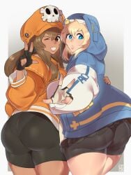 1boy 1girls ass big_breasts big_butt bike_shorts black_shorts blonde_hair blue_eyes breasts bridget brown_eyes brown_hair butt female fingerless_gloves from_behind gloves grin guilty_gear guilty_gear_strive hat hexprinxess hoodie huge_butt large_butt light-skinned_female light_skin long_hair looking_back may_(guilty_gear) medium_hair miniskirt orange_eyes pantylines pirate pirate_hat shorts sidelocks simple_background skirt smile spats tan-skinned_female tan_skin thick_thighs thighs tight_clothing v wide_hips