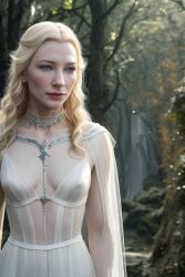 1girls ai_clothes ai_generated blonde_hair cate_blanchett cleavage elf elf_female female female_only galadriel hidden_hands_because_ai human human_only light-skinned_female light_skin lord_of_the_rings nude nude_female realistic solo solo_female standing transparent_clothing