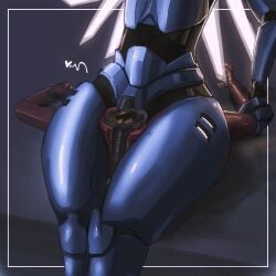 <3 ambiguous_gender artist_request between_thighs blue_body head_between_thighs head_crushing highres metallic_body red_body robot thick_thighs ultrakill v1_(ultrakill) v2_(ultrakill) v4v