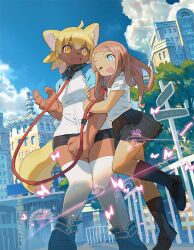 2girls anthro arm_hug black_shorts black_skirt black_socks blonde_hair blouse blue_sky brown_hair building cloud collar day dog_ears dog_girl dog_tail female female_only leaning_on_person leash multiple_girls nouzui oerba_yun_fang one_eye_closed open_mouth orange_eyes original shirt shoes short_shorts shorts sign skirt sky smile socks standing standing_on_one_leg tail thighhighs white_thighhighs yuri