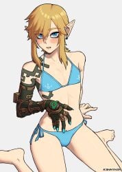 1boy 2d androgynous bikini bikini_strings blonde_hair blue_eyes blush blush_lines blushing_at_viewer ear_ring femboy k3nnyn3v link link_(tears_of_the_kingdom) looking_at_viewer male male_focus male_only nintendo ponytail simple_background submissive submissive_male swimsuit swimwear tears_of_the_kingdom the_legend_of_zelda trap