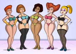 5girls anthro belly_button big_breasts blonde_hair bra brown_hair cartoon_network charlotte_pickles closed_eyes crossover curvy_female curvy_figure danny_phantom dark-skinned_female dexter's_laboratory dexter's_mom disney disney_channel doc.b female female_only gloves goof_troop hands_on_hips high_heels human light-skinned_female long_gloves madeline_fenton milf multiple_girls nickelodeon orange_hair panties peg_pete ponytail red_hair rugrats short_hair stockings stomach the_proud_family thick_thighs thighhighs trudy_proud voluptuous wide_hips