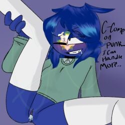 1girls blue_hair blue_skin brown_eyes clothing conneticut_(countryhumans) countryhumans countryhumans_girl coyote_pup cum cum_in_pussy cum_inside english_text purple_background spread_legs statehumans statehumans_girl stockings_thigh_highs text