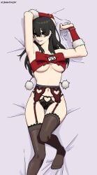 1girls 2d armpits arms_behind_back arms_up beauty_mark bed bedroom black_hair body_pillow_design chainsaw_man christmas ear_piercing empty_eyes english english_text female female_focus female_only garter_belt garter_straps genderswap_(mtf) hirofumi_yoshida k3nnyn3v long_hair looking_at_viewer mole mole_under_mouth piercing presenting presenting_armpit rule_63 seductive seductive_look seductive_smile simple_background smile smiling smiling_at_viewer stockings thigh_gap