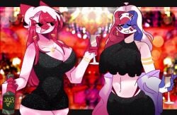 2023 2girls big_breasts champagne closed_eyes countryhumans countryhumans_girl dress female female_only japan_(countryhumans) markai_cat multicolored_hair new_year south_korea_(countryhumans)