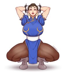 1girls alternate_version_available arms_behind_head boots bracelet capcom chinese_clothes chun-li cleavage earrings erect_nipples eyeshadow female female_only huge_breasts lipstick muscular_thighs pantyhose solo spiked_bracelet squatting street_fighter tight_clothes wolfade