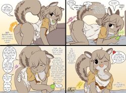 1girls 2019 4_panel_comic all_fours alternate_version_at_source anthro apology ass bed black_eyes bottomwear buckteeth cdan2022 clothed clothing comic curled_tail dialogue embarrassed english_text female female_only food food_in_mouth fruit fur furniture genitals gesture guilty heart inviting loose_shirt mammal midriff motion_outline object_in_mouth offscreen_character on_bed one_eye_closed open_mouth open_smile pear plant pussy raised_tail rear_view rodent sciurid shaking_butt shirt shorts smile solo speech_bubble striped_hair tail talking_to_another tan_body tan_fur tan_hair teeth text thumbs_up topwear tree_squirrel wink